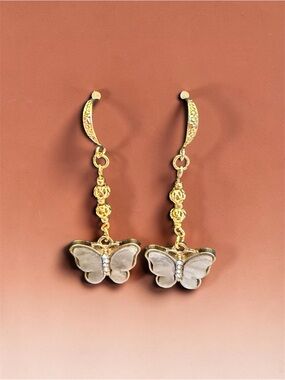 Hand Crafted Gold Butterfly Drop Earrings with Cream Accents